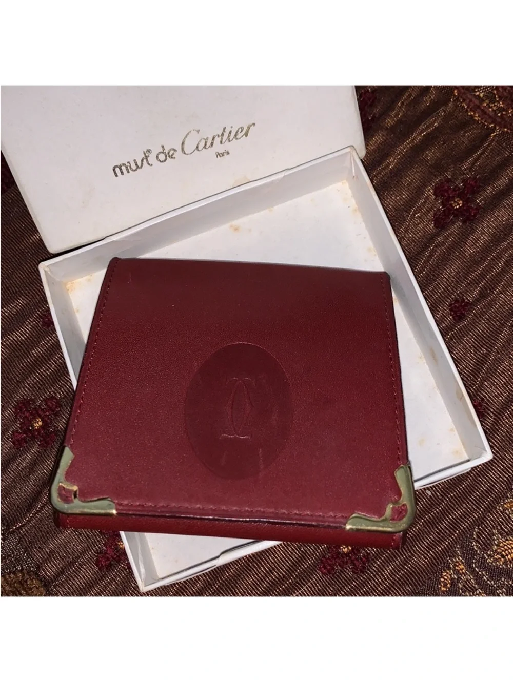 Cartier Burgundy Leather Money Clip with Gold Corners